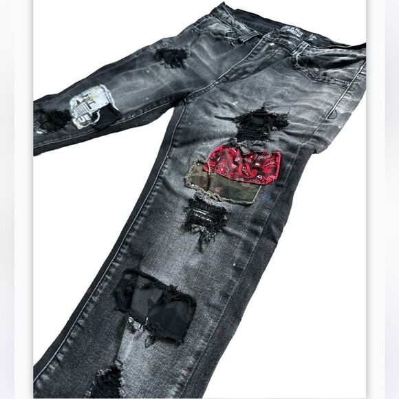 Cote De Nuits Mens Distressed Shredded Pants Patchwork Jeans Designer - Picture 11 of 12